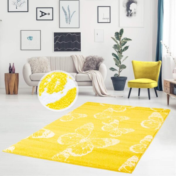 CARPET CITY MODA Z MOTYLAMI Nowoczesny dywan pokojowy z krótkim włosiem żółty biały 160x230 cm - obrazek 4
