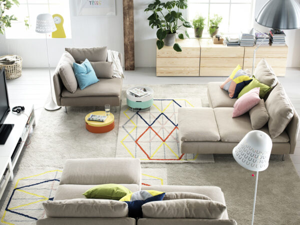 Nowoczesny, designerski dywan IKEA PS z gęstym, grubym włosiem. Kremowy w kolorowe romby140x200 cm - obrazek 4