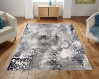 NOWOCZESNY LŚNIĄCY DYWAN W STYLU VINTAGE GLAMOUR do sypialni salonu szary niebieski granatowy WZÓR CEGŁY 160×220 cm - obrazek 4