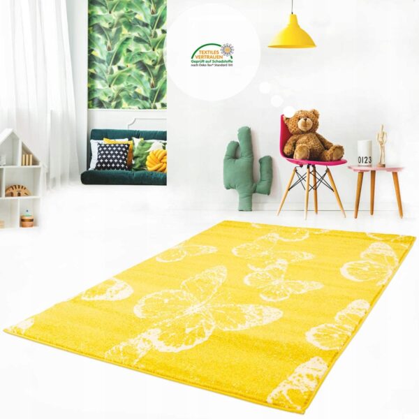 CARPET CITY MODA Z MOTYLAMI Nowoczesny dywan pokojowy z krótkim włosiem żółty biały 160x230 cm - obrazek 5