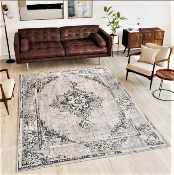 Nowoczesny, orientalny dywan belgijski w postarzanym stylu VINTAGE MANDALA MEDALION kremowy, beżowy, szary 200x290 cm - obrazek 2