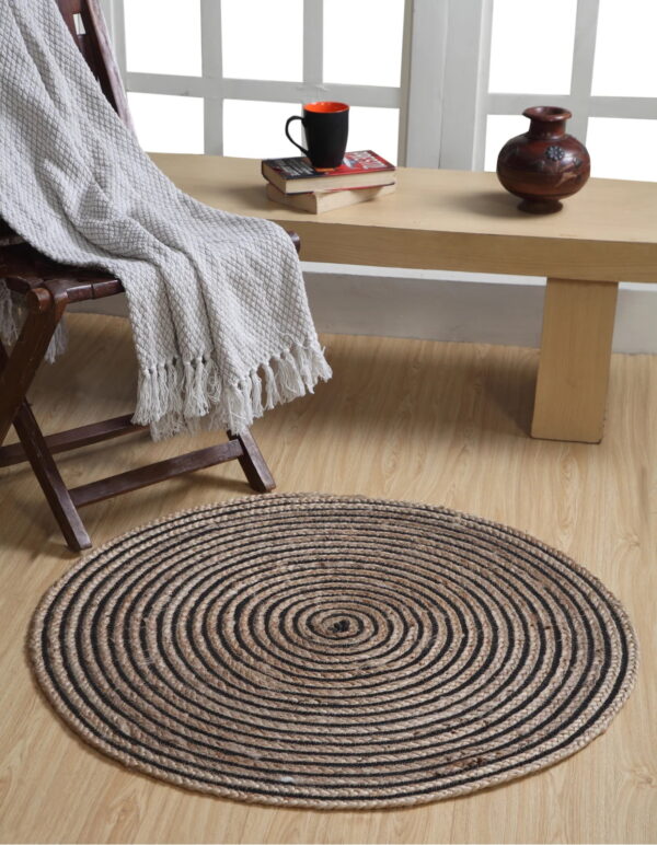 OKRĄGŁY INDYJSKI dywan naturalny, pleciony GOODWEAVE wykonany z juty i bawełny beżowy czarny 150x150 cm - obrazek 8