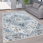 ORIENTALNY DYWAN DO SALONU z mandalą w postarzanym stylu VINTAGE niebieski kremowy beżowy 200x280 cm