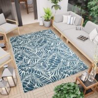 NOWOCZESNY DYWAN SZNURKOWY wewnętrzny zewnętrzny liście niebieski granatowy szary CARPET CITY OUTDOOR 160x230 cm