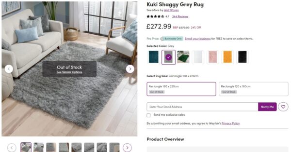 NOWOCZESNY GŁADKI LŚNIĄCY ELEGANCKI DYWAN SHAGGY PREMIUM DO SALONU srebrny szary WELL WOVEN KUKI SILVER 160x220 cm - obrazek 13