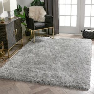 NOWOCZESNY GŁADKI LŚNIĄCY ELEGANCKI DYWAN SHAGGY PREMIUM DO SALONU srebrny szary WELL WOVEN KUKI SILVER 160x220 cm