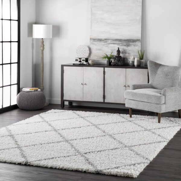 PUSZYSTY DUŻY NOWOCZESNY BERBERYJSKI DYWAN DO SALONU biały w szare romby diamenty nuLOOM EASY SHAG 280x370 cm - obrazek 11