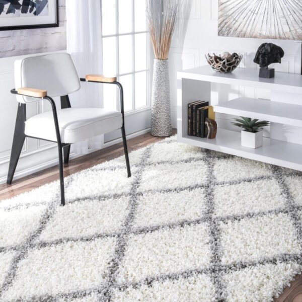 PUSZYSTY DUŻY NOWOCZESNY BERBERYJSKI DYWAN DO SALONU biały w szare romby diamenty nuLOOM EASY SHAG 280x370 cm - obrazek 12