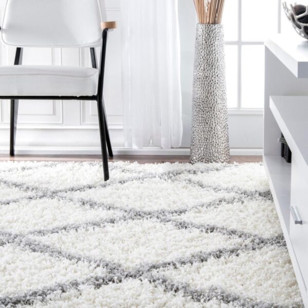 PUSZYSTY DUŻY NOWOCZESNY BERBERYJSKI DYWAN DO SALONU biały w szare romby diamenty nuLOOM EASY SHAG 280x370 cm - obrazek 13