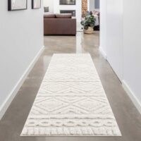 ETNICZNY PUSZYSTY DYWAN CHODNIK W STYLU SKANDI BOHO kremowy biały CARPET CITY FOCUS 80x300 cm