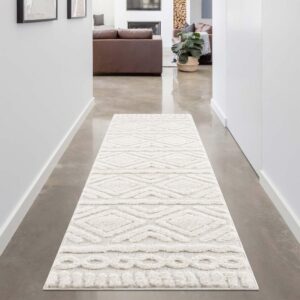 ETNICZNY PUSZYSTY DYWAN CHODNIK W STYLU SKANDI BOHO kremowy biały CARPET CITY FOCUS 80x300 cm