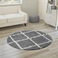 PRZYTULNY OKRĄGŁY DYWAN SHAGGY z długim włosiem w romby w stylu skandi boho szary PACO HOME KALMAR 120x120 cm - obrazek 5