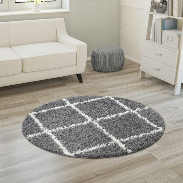 PRZYTULNY OKRĄGŁY DYWAN SHAGGY z długim włosiem w romby w stylu skandi boho szary PACO HOME KALMAR 120x120 cm - obrazek 5