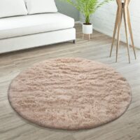 OKRĄGŁY ANTYPOŚLIZGOWY MIĘKKI PLUSZOWY DYWANIK POKOJOWY sztuczna skóra owcza beżowy PACO HOME SILKY 200x200 cm - obrazek 6