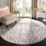 ORIENTALNY OKRĄGŁY DYWAN DO SALONU W STYLU VINTAGE z motywem roślin szary kremowy SAFAVIEH BRENTWOOD 200x200 cm