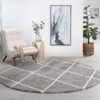 PRZYTULNY OKRĄGŁY DYWAN SHAGGY z długim włosiem w romby w stylu skandi boho szary PACO HOME KALMAR 120x120 cm