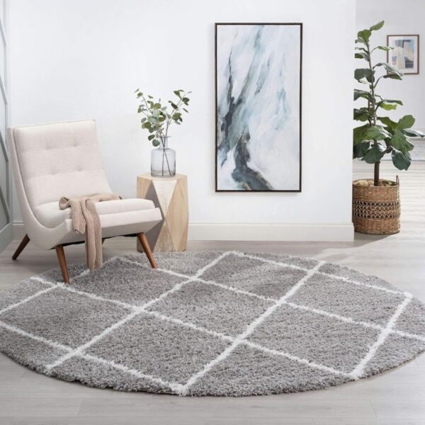 PRZYTULNY OKRĄGŁY DYWAN SHAGGY z długim włosiem w romby w stylu skandi boho szary PACO HOME KALMAR 120x120 cm - obrazek 10
