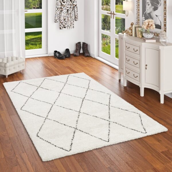BERBERYJSKI GRUBY PUSZYSTY DYWAN SHAGGY DO SALONU SYPIALNI biały w szare romby BALTA RUGS SHERPA 200x290 cm - obrazek 13