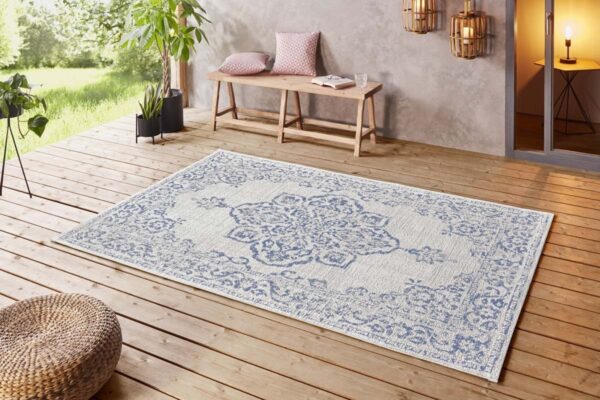 ORIENTALNY DYWAN TKANY NA PŁASKO SZNURKOWY MANDALA kremowy niebieski granatowy NORTHRUGS TILOS 240x340 cm - obrazek 2