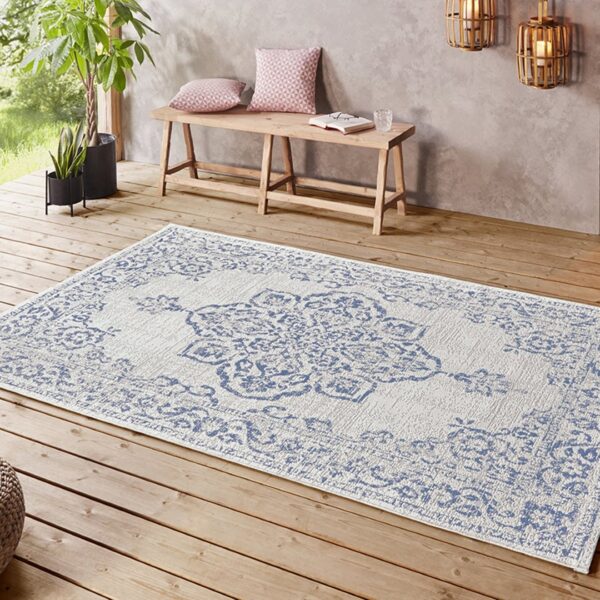 ORIENTALNY DYWAN TKANY NA PŁASKO SZNURKOWY MANDALA kremowy niebieski granatowy NORTHRUGS TILOS 240x340 cm - obrazek 9