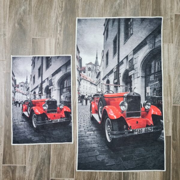 ZESTAW 2 NOWOCZESNYCH AKSAMITNYCH MAT DYWANIKÓW ŁAZIENKOWYCH retro czerwony samochód CHILAI HOME 40x60 cm i 60x100 cm - obrazek 2