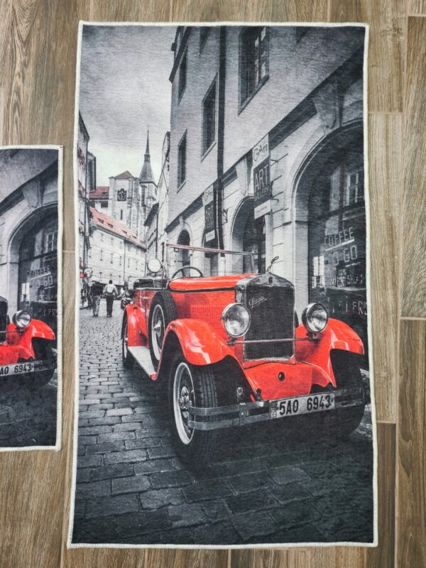ZESTAW 2 NOWOCZESNYCH AKSAMITNYCH MAT DYWANIKÓW ŁAZIENKOWYCH retro czerwony samochód CHILAI HOME 40x60 cm i 60x100 cm - obrazek 3
