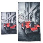 ZESTAW 2 NOWOCZESNYCH AKSAMITNYCH MAT DYWANIKÓW ŁAZIENKOWYCH retro czerwony samochód CHILAI HOME 40x60 cm i 60x100 cm