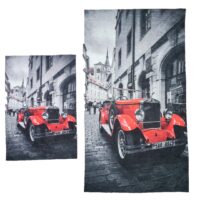 ZESTAW 2 NOWOCZESNYCH AKSAMITNYCH MAT DYWANIKÓW ŁAZIENKOWYCH retro czerwony samochód CHILAI HOME 40x60 cm i 60x100 cm