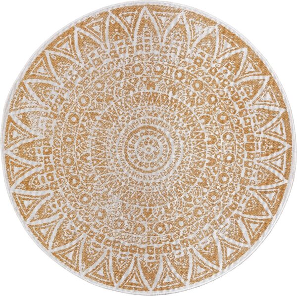 DWUSTRONNY OKRĄGŁY DYWAN TKANY NA PŁASKO SZNURKOWY MANDALA kremowy żółty musztardowy NORTHRUGS LILJA 140x140 cm - obrazek 7