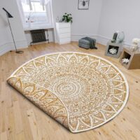DWUSTRONNY OKRĄGŁY DYWAN TKANY NA PŁASKO SZNURKOWY MANDALA kremowy żółty musztardowy NORTHRUGS LILJA 140x140 cm - obrazek 2
