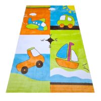 KOLOROWY WESOŁY AKRYLOWY PASTELOWY DYWAN DZIECIĘCY KRÓTKOWŁOSY zielony niebieski autka samoloty 200x300 cm