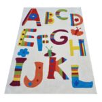 UNIKATOWY RĘCZNIE TUFTOWANY DYWAN AKRYLOWY DZIECIĘCY WYCINANY kremowy kolorowy alfabet literki 140x200 cm